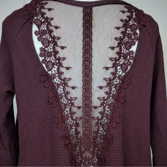 Free People Maroon Open Back Lace Waffle Top Medium - Picture 5 of 10